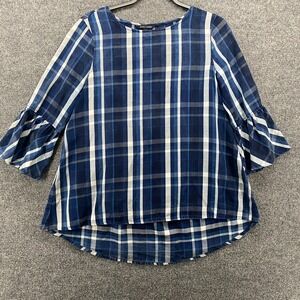 John Mark Blouse Top Womens XS Blue Plaid Tencel Bell Sleeve Boho Western Casual